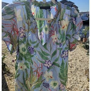 Rachel Roy Tropical Blouse Floral V-Neck Short Sleeve Summer Top Medium